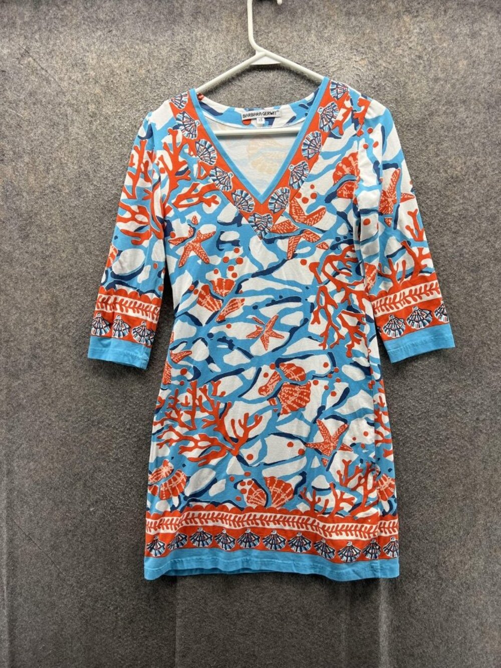 Barbara Gerwit Dress Womens XS Multicolor V Neck 3/4 Sleeve Shift Beach Print